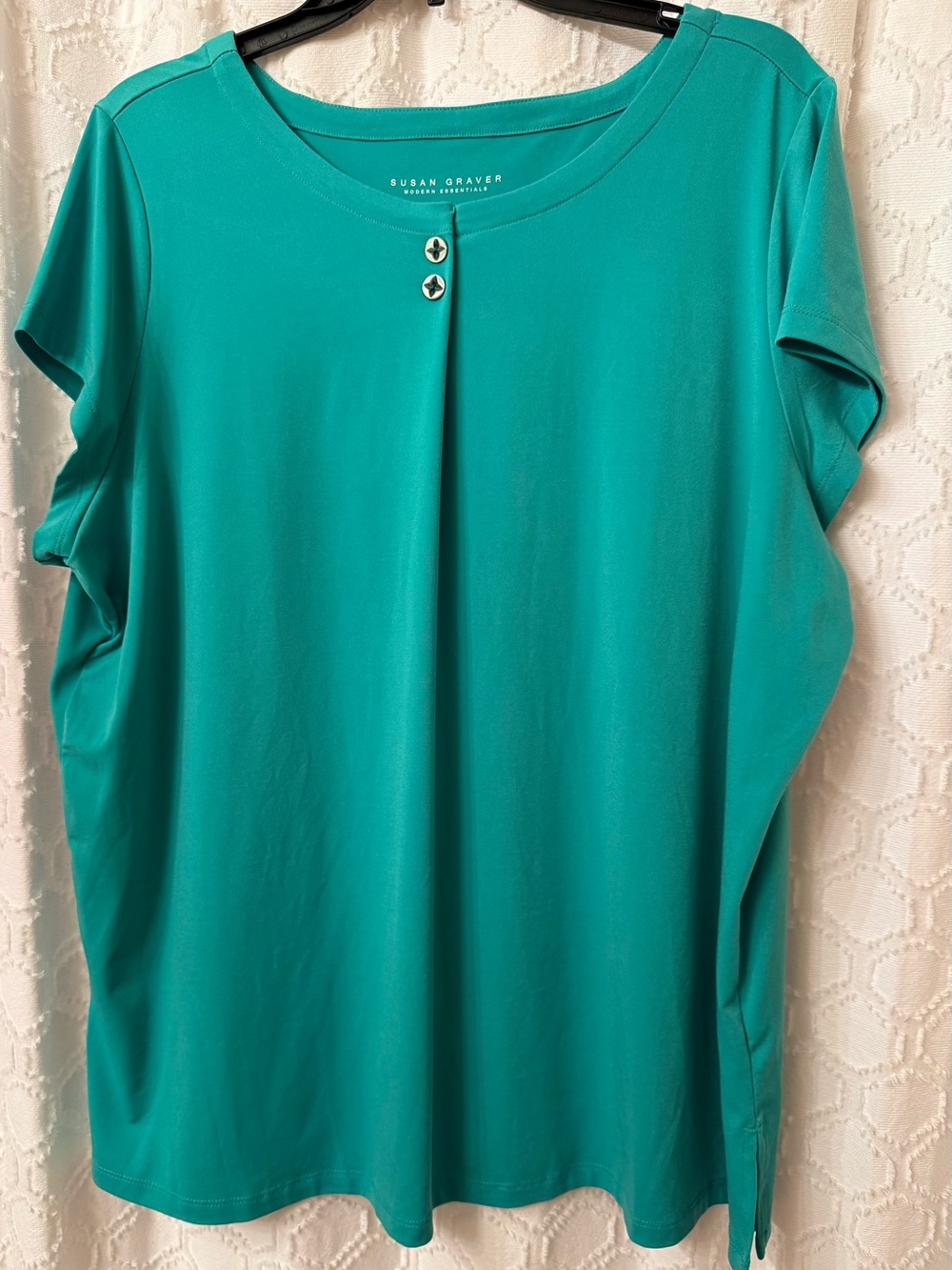 Susan Graver Teal Short-Sleeve Knit Top with Button Detail